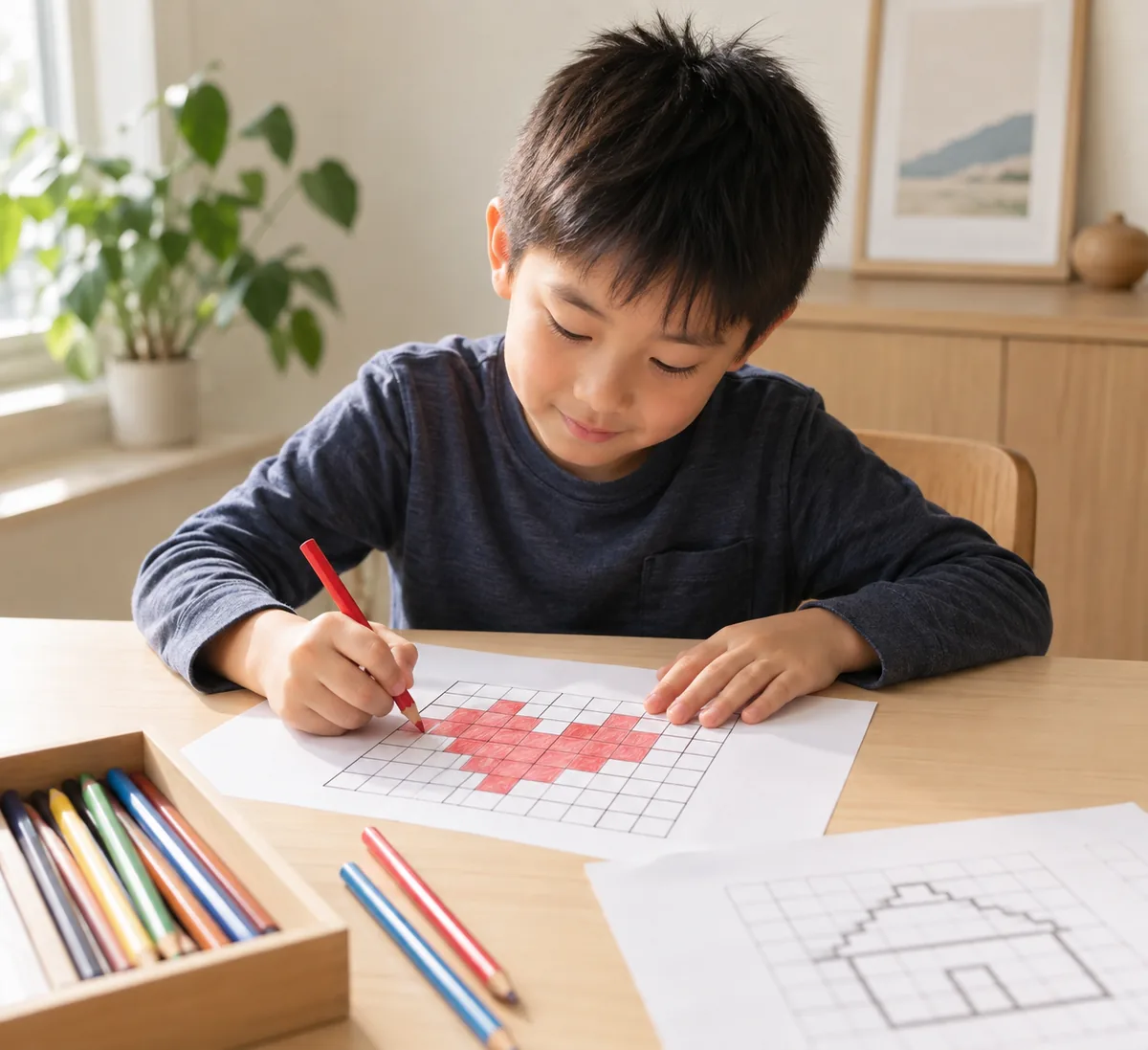 Menino de cerca de 8 anos pintando com lápis de cor os quadradinhos de uma folha de pixel art, em uma mesa de madeira clara. Imagem ilustrativa
