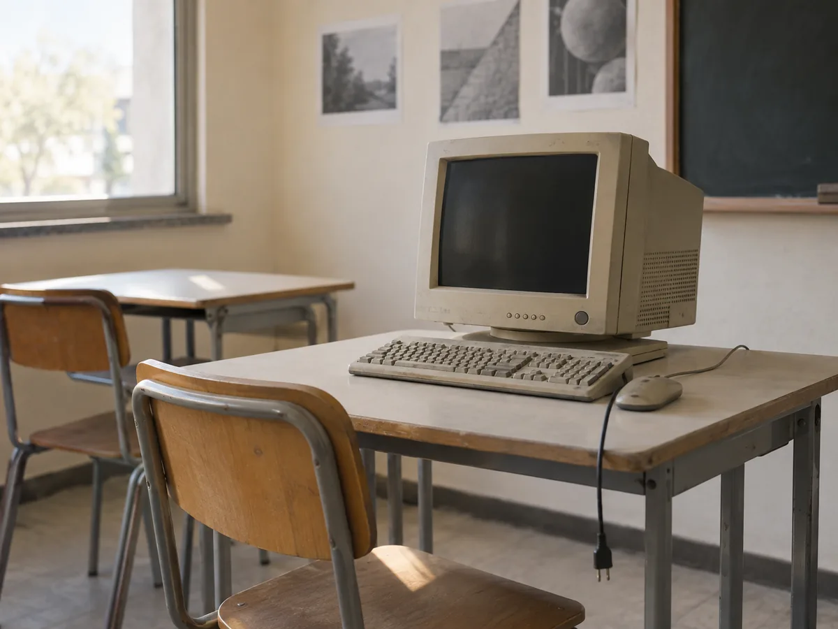 Computador antigo de sala de aula desligado, com um fio solto, numa bancada vazia. Imagem ilustrativa