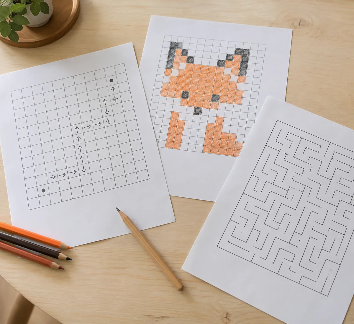 Três folhas impressas sobre a mesa de madeira clara: uma com grade e caminho de setinhas, uma com pixel art colorida com lápis e uma com labirinto. Imagem ilustrativa