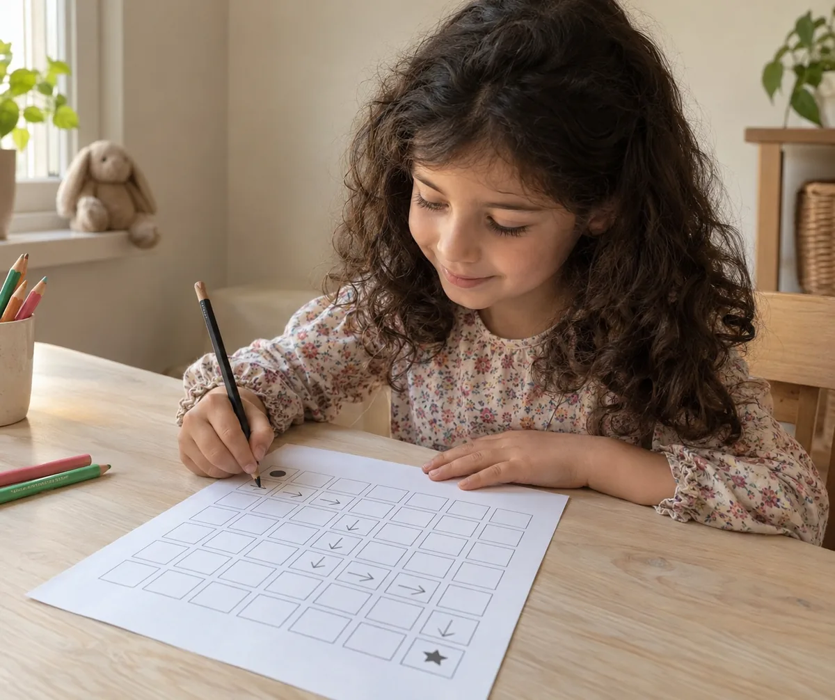 Menina de cerca de 7 anos, sentada à mesa de madeira clara, desenhando a lápis o caminho de setinhas numa folha impressa com grade de quadrados, com lápis de cor ao lado. Imagem ilustrativa